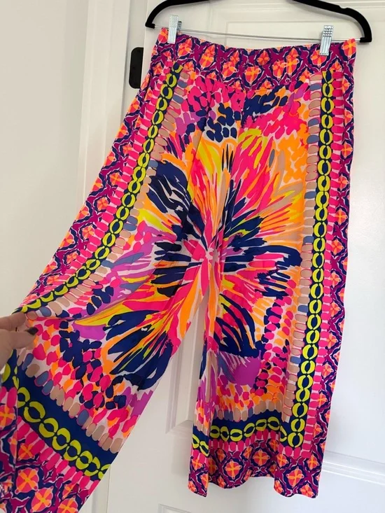 Lilly Pulitzer Neon Floral Wide-Leg Pants in Pink, Navy & Yellow Palazzo - Picture 1 of 2